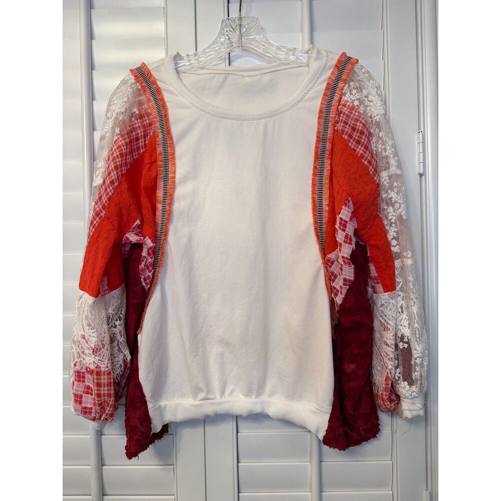 Cottagecore Fairy Mixed Media Patchwork Lace Puff Sleeve Pullover Top M